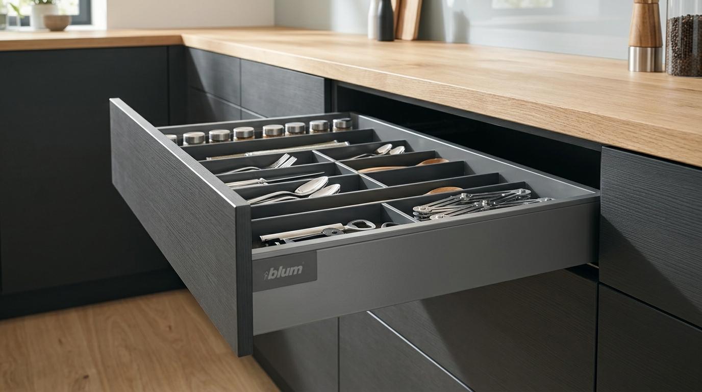 Uitgetrokken Blum-lade met bestekindeling en soft-close